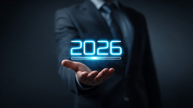 A businessman in a suit holding the year 2026 in his hand with a glowing blue neon effect