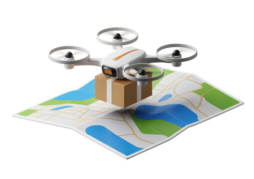 Drone with a package on a folded map delivery