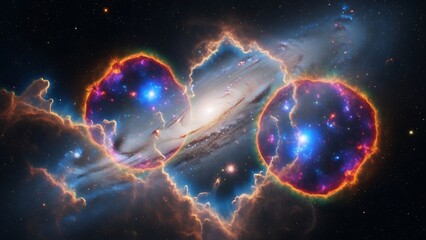Obraz premium Vibrant Cosmic Nebula with Glowing Orbs & Distant Galaxy in Deep Space