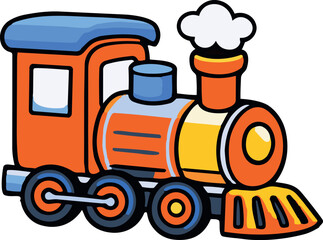 Colorful cartoon steam locomotive train with smoke coming from the chimney in a playful children’s illustration style © Baby AI