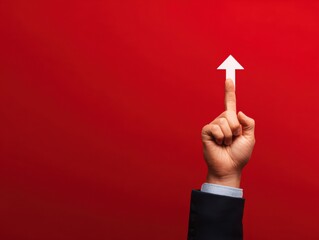 professional pointing upward growth symbol gesture isolated on a red background