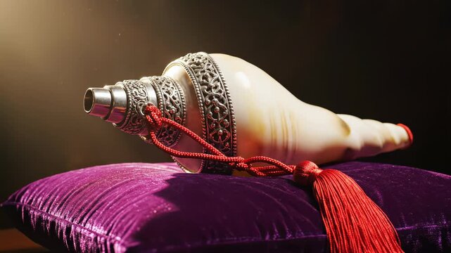 Ornate Conch Shell With Red Tassel On Purple Velvet Cushion With Dramatic Lighting