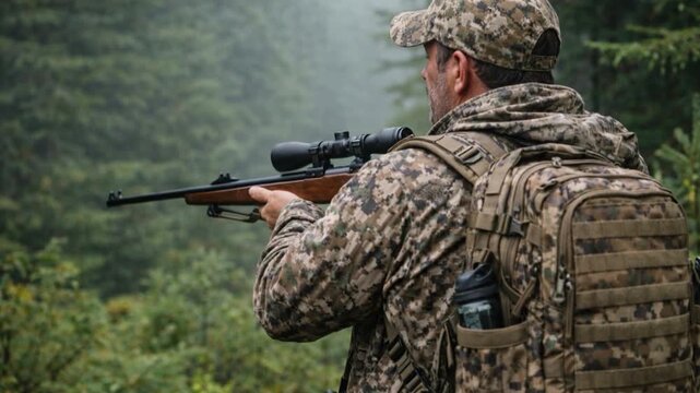 Hunter aiming with rifle in the forest.