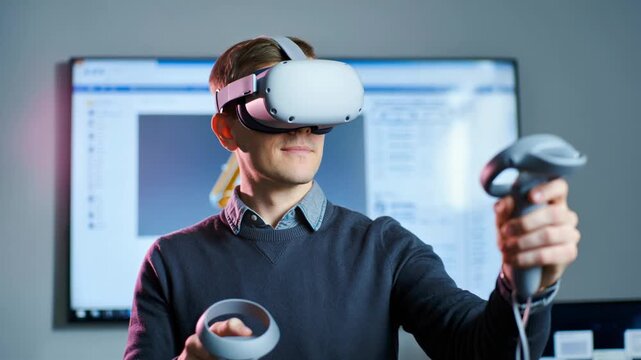 Engineer using VR headset and motion controllers for virtual reality simulation in tech lab, immersive 3D design.