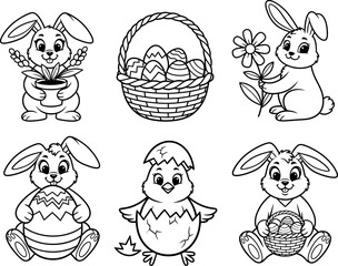 Easter bunny and eggs coloring page for kids with easter basket and flowers