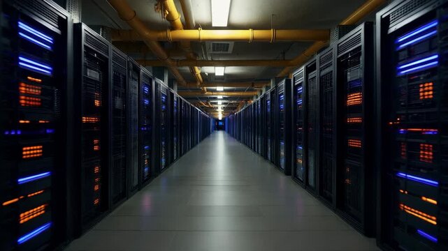 A long corridor in a data center with rows of computer servers and illuminated lights