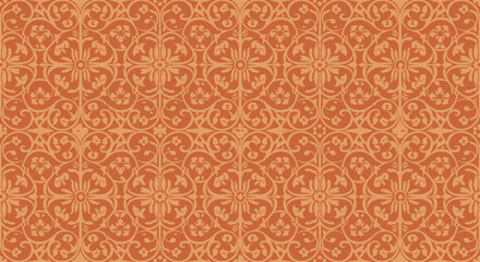 Vintage Floral Pattern Background, Orange Damask Textile Design, Seamless Ornament © Sendal