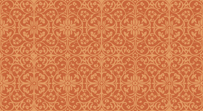 Vintage Floral Pattern Background, Orange Damask Textile Design, Seamless Ornament