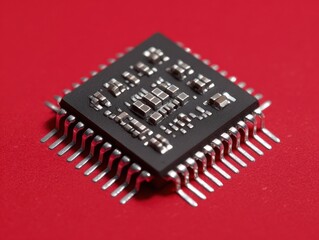 silver microchip macro shot isolated on a red background