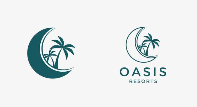Oasis Resorts Logo Design: Moon, Palm Trees, Crescent, Tropical Vacation