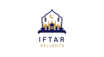 Fototapeta premium Iftar Delights Logo: Ramadan Evening Meal with Islamic Architecture and Crescent Moon