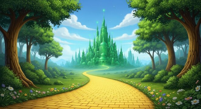 A serene and vibrant illustration of the Emerald City from The Wizard of Oz with a yellow brick road leading to a green castle surrounded by trees and flowers under a blue sky.