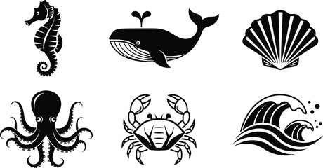 Marine life silhouette icons set featuring whale seahorse octopus crab shell and ocean wave black vector collection © Santo's World