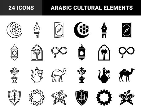 Islamic Cultural Heritage Symbols and Traditional Middle Eastern Religious Elements Featuring Arabic Calligraphy Crescent Moon Lantern and Camel Silhouette