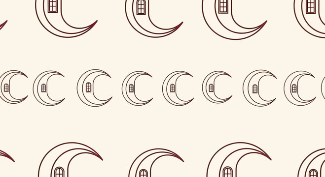 Seamless crescent moon pattern with house windows, whimsical design