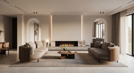 Fototapeta premium Bright living room with sofas facing a modern fireplace, arched doorways visible