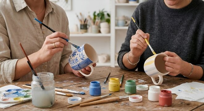 Two friends hand-painting ceramic mugs in a creative workshop