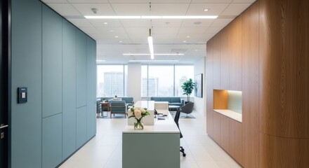 Fototapeta premium Bright office reception area with modern furniture and natural light