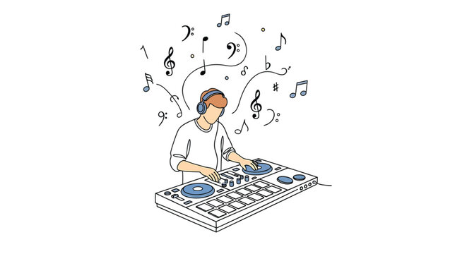 Vector illustration of a DJ wearing headphones and working on a sound mixer with musical notes