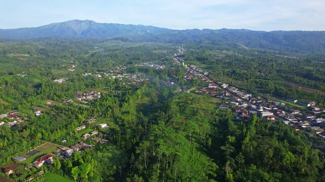 Aerial drone footage of a vast mountain forest area, with a main road leading to B29 summit in Bromo, villages around with mountains, in Senduro area, Lumajang regency, Java island, Indonesia