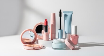 Cosmetics, makeup, and a mirror are arranged on a white surface with shadow