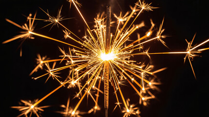 Fototapeta premium A close-up shot of a burning sparkler emitting bright golden and orange sparks against a dark background, creating a festive and celebratory atmosphere.