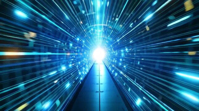 Abstract digital hyperspace tunnel visualizing fast data transfer through illuminated futuristic cyberspace pathways.