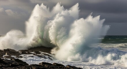 Fototapeta premium Massive Ocean Wave Explosion on Rocky Coast During Storm