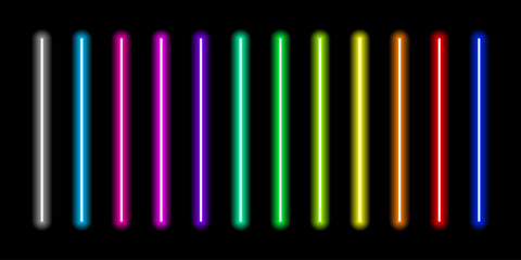 Set of twelve vibrant vertical neon light tubes in multiple rainbow colors arranged in a row against a solid black background, glowing fluorescent effect, minimalist futuristic digital art style. © 100yDesign