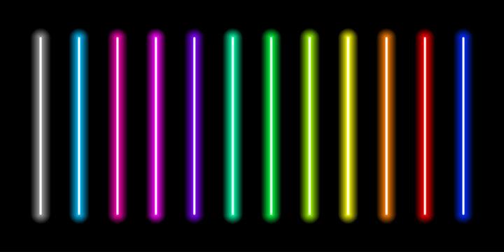 Set of twelve vibrant vertical neon light tubes in multiple rainbow colors arranged in a row against a solid black background, glowing fluorescent effect, minimalist futuristic digital art style.