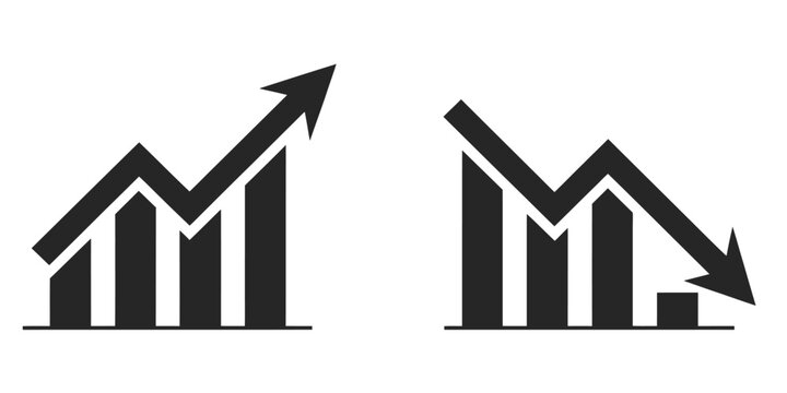 Graph going down and up sign with green and red arrows, vector illustration of bar chart symbols, depicting sales decrease and growth, ideal for business analytics, financial performance, and market