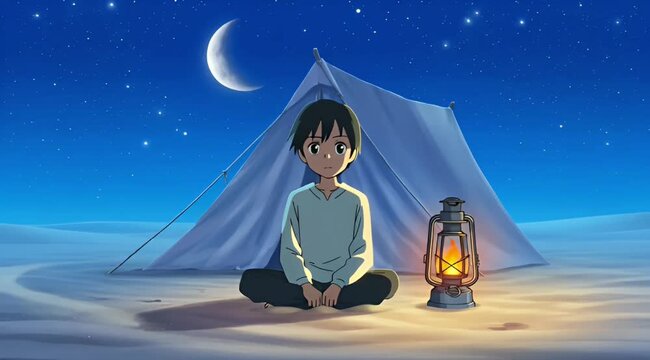 Anime style boy camping in desert at night with crescent moon and lantern wallpaper