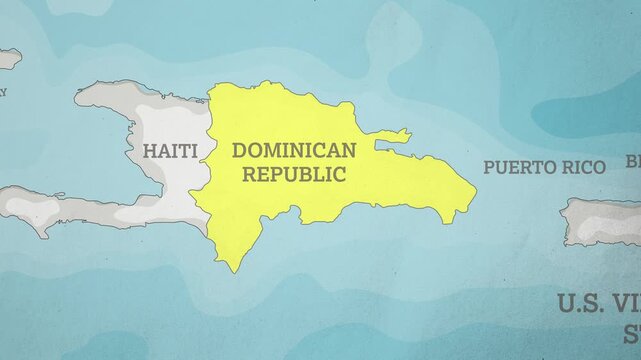 Basemap with a Zoom of the Dominican Republic Highlighted in Yellow. Generic World Map Animation