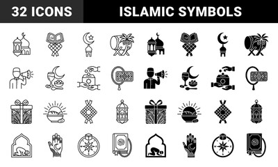 Fototapeta premium Islamic Religious Iconography featuring Hybrid Symbolic Mergers of Mosque Architecture Crescent Moons Quranic Text and Traditional Ramadan Lanterns