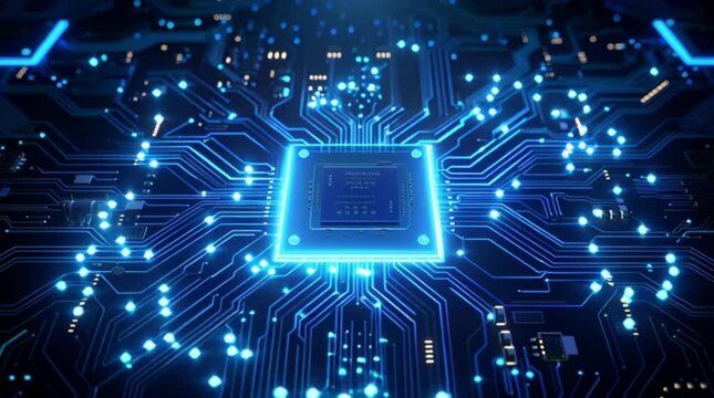 A vibrant blue glowing central processing unit with intricate circuit pathways on a futuristic digital motherboard illustrating advanced computing power.