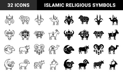 Obraz premium Islamic sacrificial animal silhouettes featuring hybrid religious architecture motifs including mosque domes and minarets for Eid al-Adha celebration