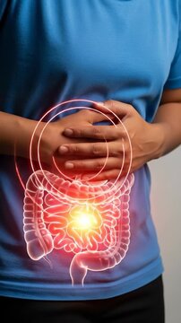 Human experiencing severe abdominal discomfort, glowing digestive system, highlighting inflammatory intestinal disease, gut pain, internal medical condition, health awareness concept
