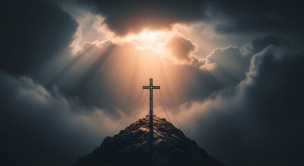 Obraz premium Easter sunday resurrection hope cross on mountain peak with heavenly light