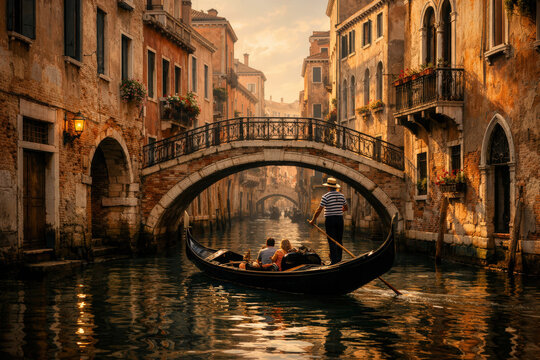 A classic Venetian gondolier in traditional attire, punting a gondola with tourists through a picturesque canal in Venice, Italy, under the warm glow of sunset.