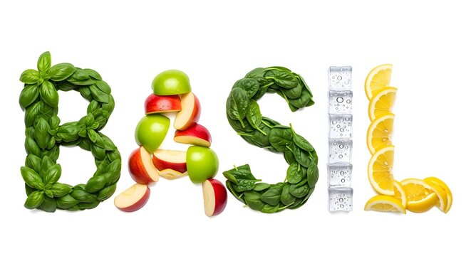 Bsl text made from basil leaves, apples, and lemons on a white background isolated on white background