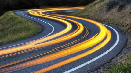 Winding road, night lights, curves, hills, motion blur, landscape, travel, speed
