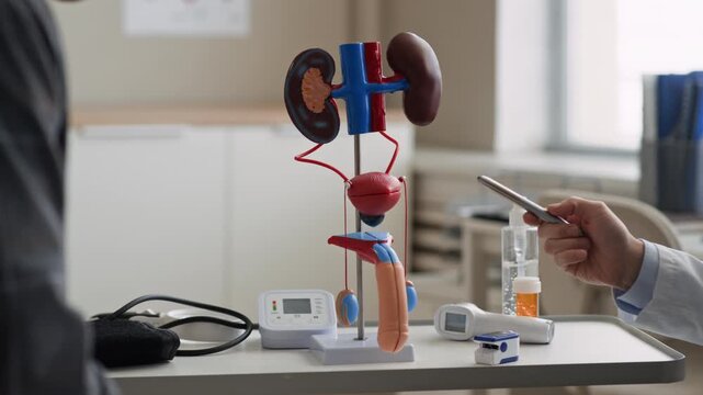 Indoor broll closeup shot of male urologist using kidney anatomy model to explain condition to male patient during urology consultation