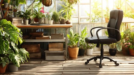 Greenhouse offers a serene workspace surrounded by vibrant greenery and sunlight.