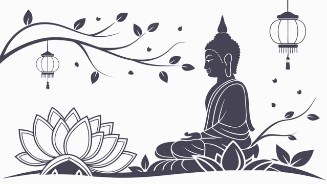 Buddha sitting in lotus position with flowers and lanterns vesak day meditation lotus flower