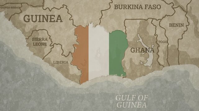 Vintage Style World Map with Cote d'Ivoire highlighted in National Flag Overlay