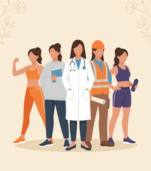 Fototapeta premium Diverse group of five empowered women representing various professions and lifestyles, including a doctor, construction worker, and athletes, standing together.