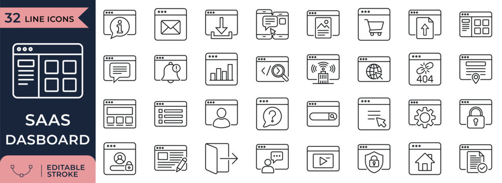 SaaS admin panel and web app dashboard line icon set for modern interfaces