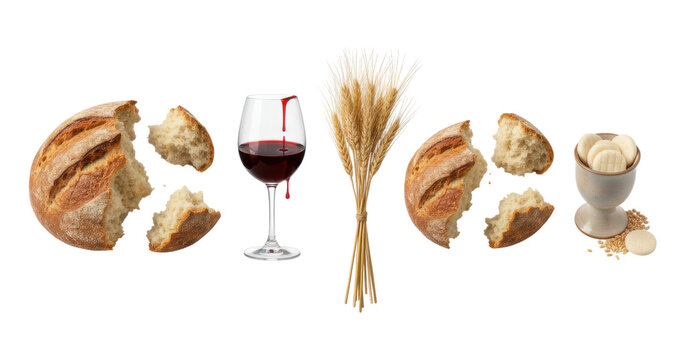 Symbolic elements of Holy Communion featuring broken rustic bread, a glass of red wine with a drip, wheat stalks, and unleavened wafers for a religious sacrament