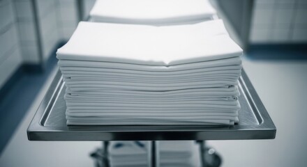 Stack of crisp, white folded textiles on metal trolley in a sterile setting