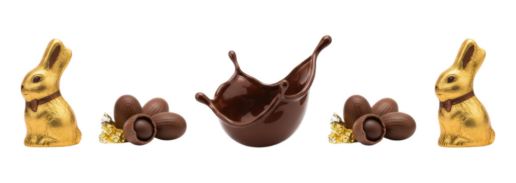 Chocolate Easter bunnies and eggs with a splash of melted cocoa arranged in a festive symmetrical composition for a delicious seasonal holiday celebration